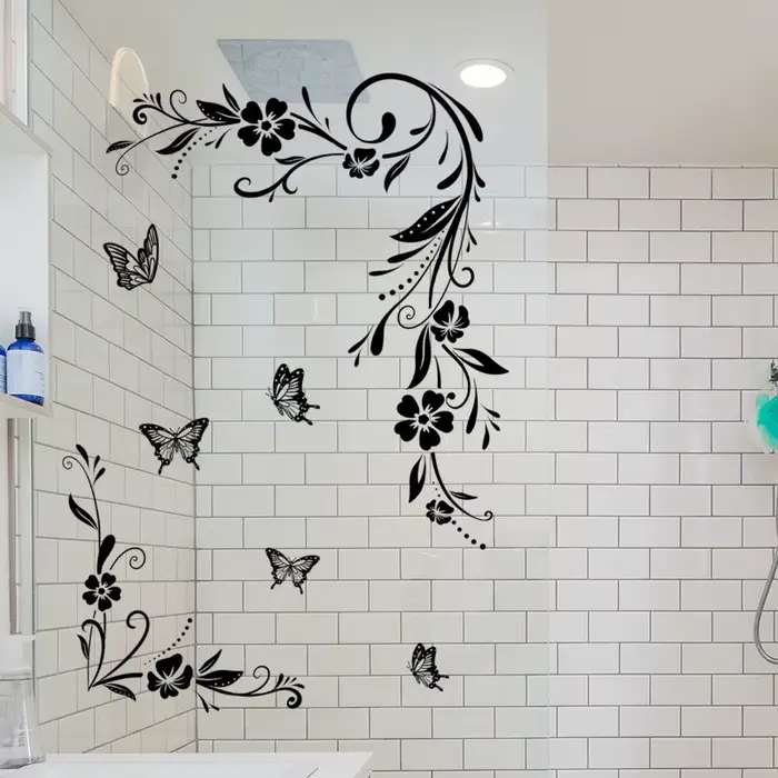 Autocollant mural papillon Floral noir auto-adhésif pour arrière-plan de chambre à coucher