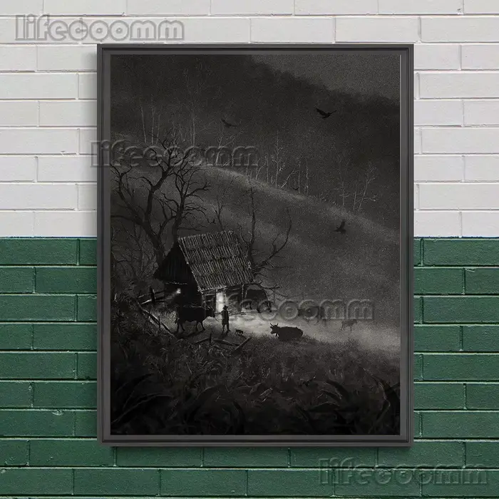 Toile d'art mural abstrait noir-blanc, cabane de montagne et voyageurs, peinture silencieuse, forêt 