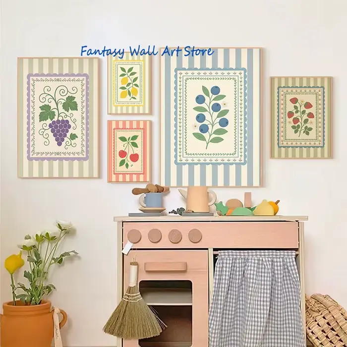 Fruits Vintage Art populaire fraise cerise citron myrtille Orange Folk imprime affiche toile peinture mur photos cuisine décor