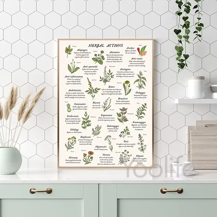 Tableau Botanique d'Art Mural pour la Cuisine, Affiche Imprimée sur Toile, Peinture d'Herbes et d'Épices, Décor Mural de Maison