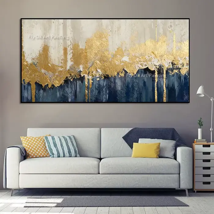 Toile moderne peinte à la main en feuille d'or bleue et Beige