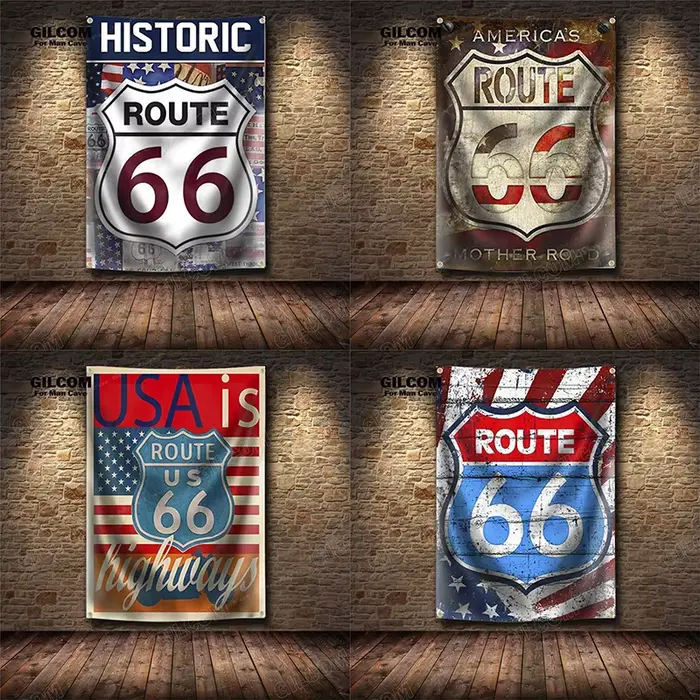 America's Route 66 US Mother Road rétro bannière drapeau affiche mur Art décoration AD Vintage signe homme grotte Garage Pub Club Bar