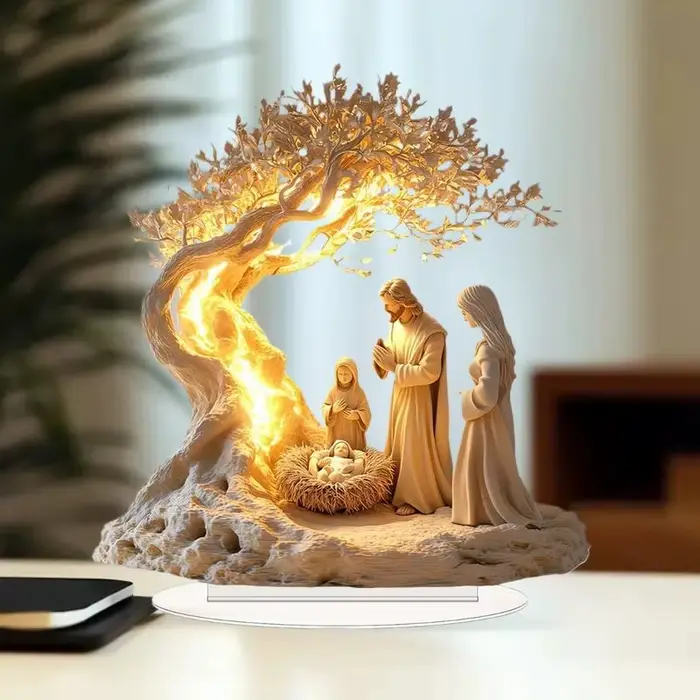 Crèche de table dans un décor de Noël plat en acrylique représente la naissance de Jésus