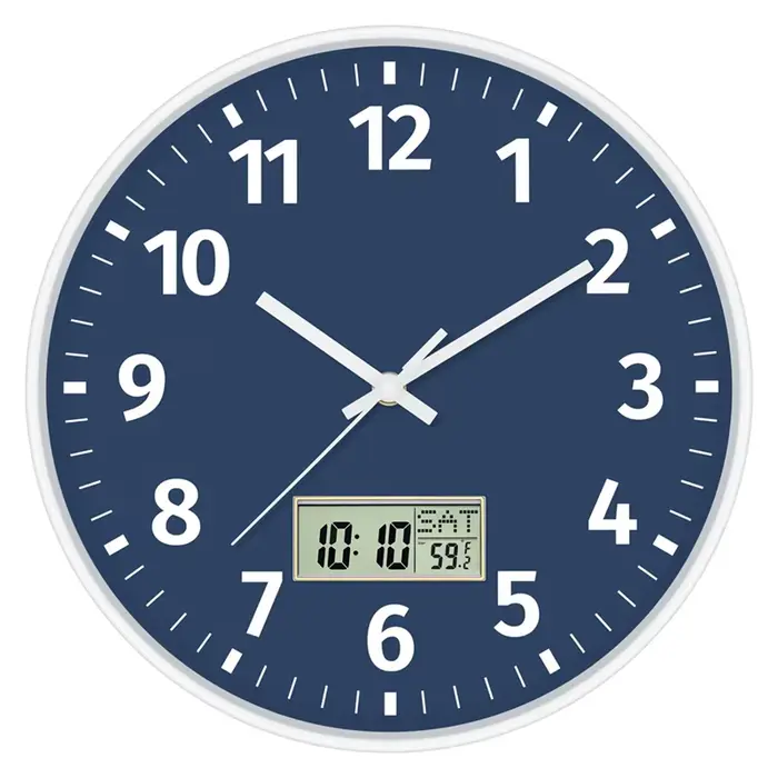 Horloge murale numérique ronde avec heure, jour de la semaine et température, silencieuse, sans tic-