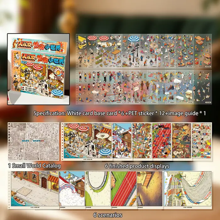 Livre d'autocollants vintage Paysage Urbain Animé, 6 Scènes Différentes, Reliure Double Spirale avec
