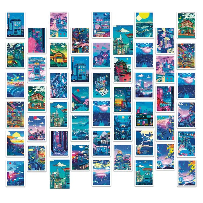 10/30/50pcs mignon Art rue vue nocturne dessin animé autocollants esthétique Ins décalcomanies Scrapbook téléphone ordinateur portable bagages autocollant mural enfant jouet