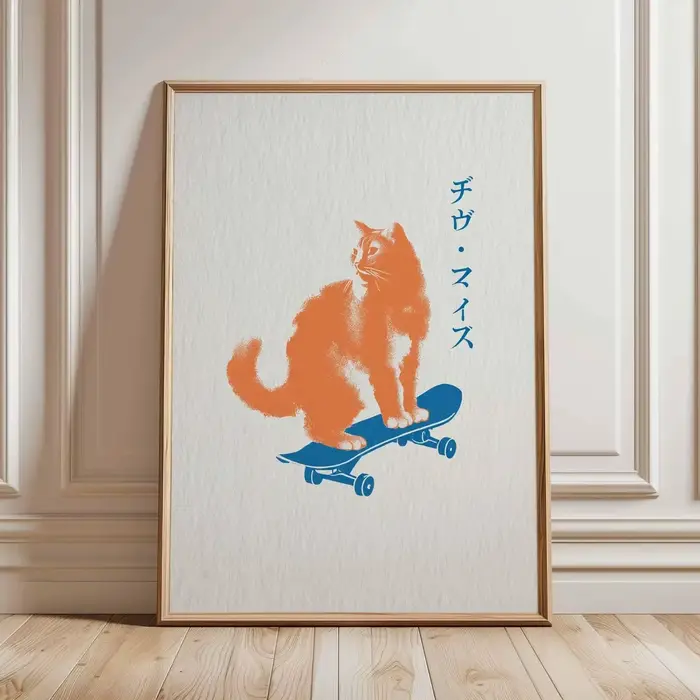 Impression de chat Pop Art japonais, Art mural de Skateboard rétro, affiche de chat Orange drôle, Il