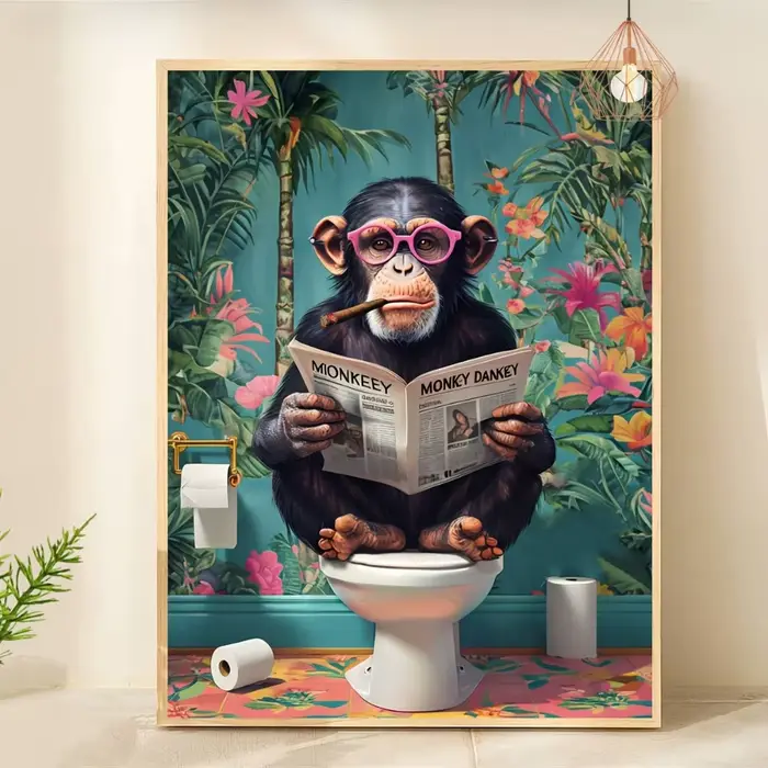 Un gorille drôle sans cadre lisant un journal sur la peinture sur toile des toilettes pour la décoration artistique du