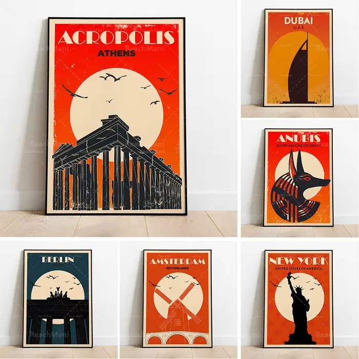 New York-États-Unis-Retro City-Statue des libérateurs-Affiche de voyage