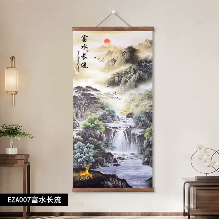 Collection de peintures murales chinoises sur rouleau ; Soleil levant ; Qi violet venant de l'Est ; Eau courante apportant la richesse ; Décoration murale