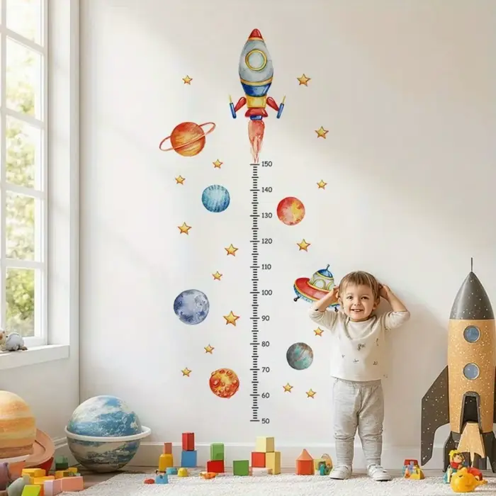 Autocollants muraux pour tableau de croissance des enfants, 2 feuilles – Suivi de la taille et de la longueur amovible avec fusée, planètes, étoiles et règle numérotée