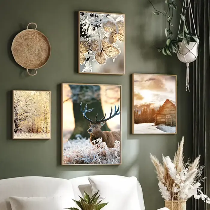 Affiche d'art de toile de cabane en rondins de forêt de gel de neige d'hiver de cerf beige
