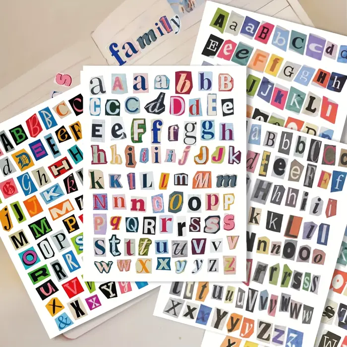 8/12 feuilles d'autocollants lettres style magazine vintage