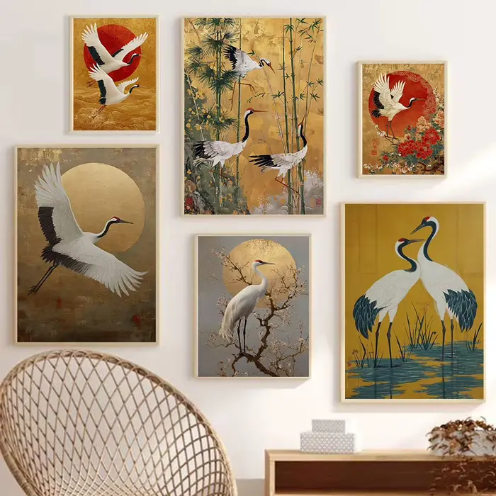 Affiche style feuille d'or Grue Orientale