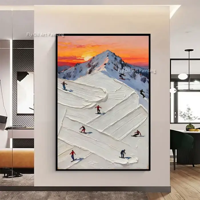 Conception Simple peint à la main blanc Art montagnes enneigées peinture à l'huile épaisse abstraite montagne personnes ski toile œuvre décoration murale