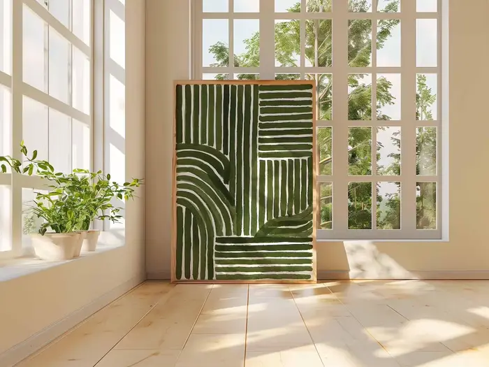 Impression d'art au trait abstrait vert – Affiche géométrique minimaliste moderne