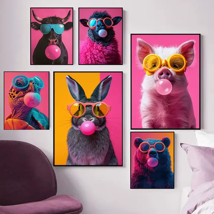 Animaux colorés rose Bubblegum toile impression affiche