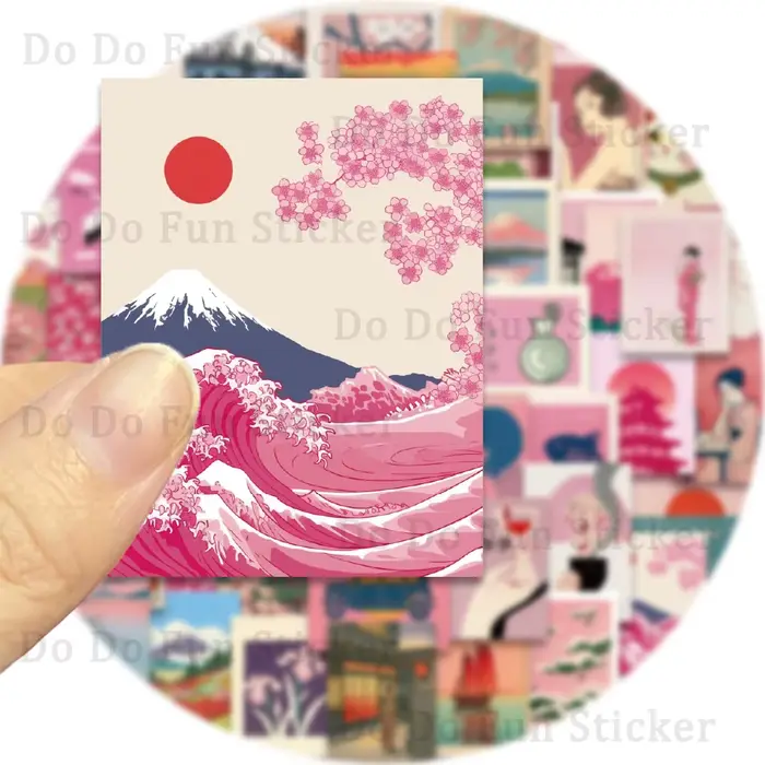 Autocollants d'art esthétique japonais rétro rose, 50 pièces, soleil rouge, fleurs de cerisier, vagu