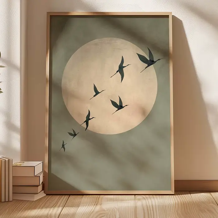 Sage Green Japandi Art Print - Grand Art mural abstrait soleil et oiseaux volants, toile sans cadre