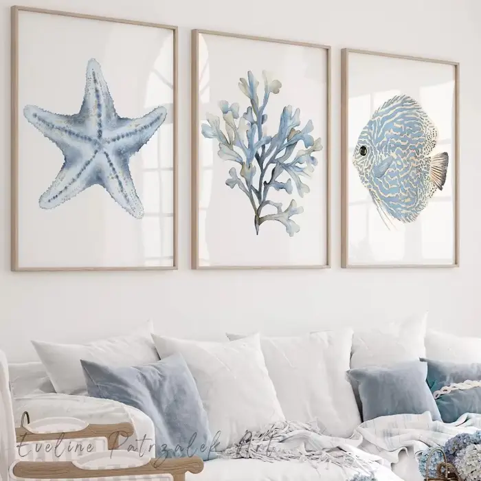 Lot de 3 affiches murales sans cadre sur le thème côtier : poissons