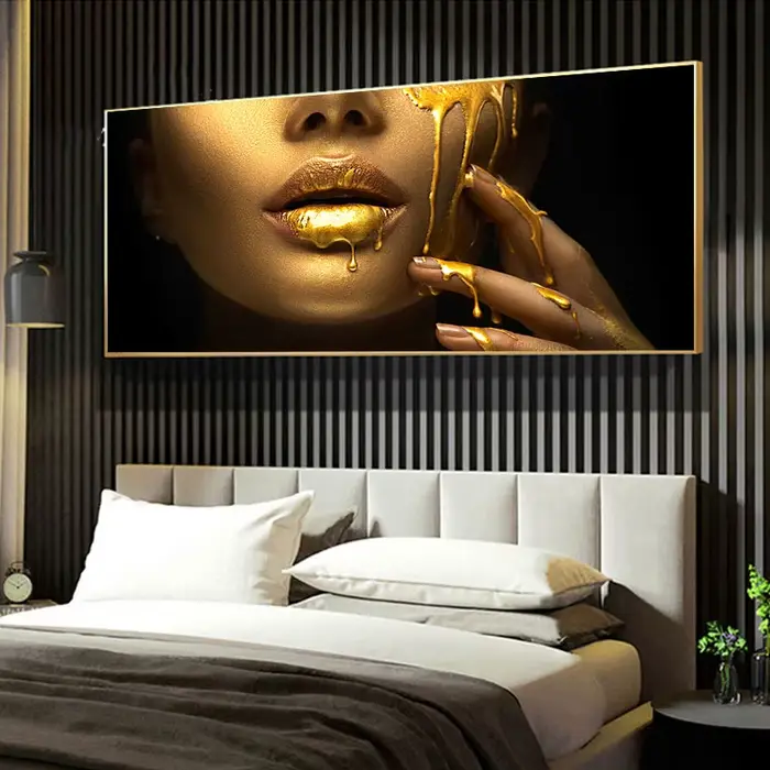 Grande taille femmes noires avec lèvres Sexy dorées peintures à l'huile sur toile moderne mur Cuadros photos maison salon Roon décor sans cadre