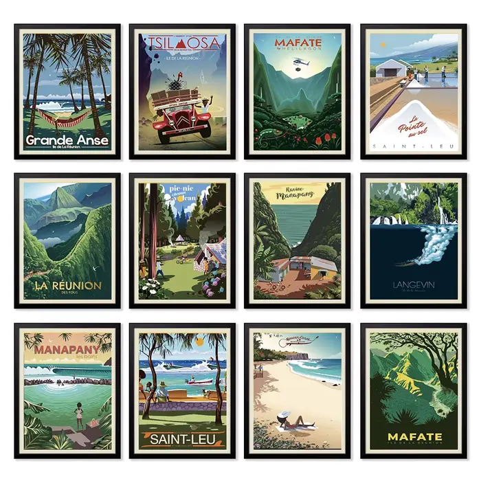 Affiches de voyage vintage de l'île de la Réunion, France, peintures sur toile, affiches murales vintage, impressions d'art, décoration intérieure, cadeau