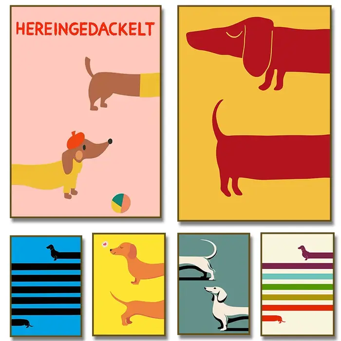 Affiche de chien teckel de dessin animé, peinture sur toile d'animal amusant, Art mural pour chambre d'enfants, décoration de maison Cuadros