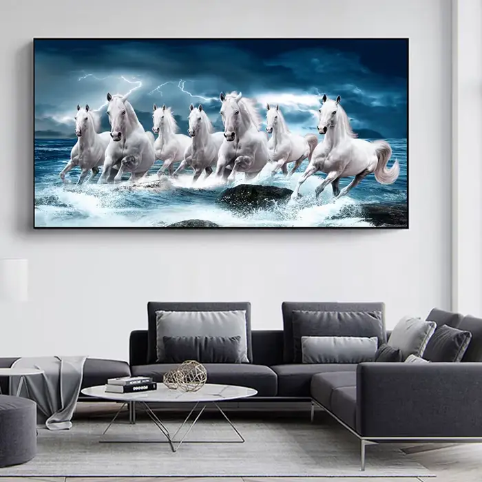 Toile de 7 chevaux de course blancs