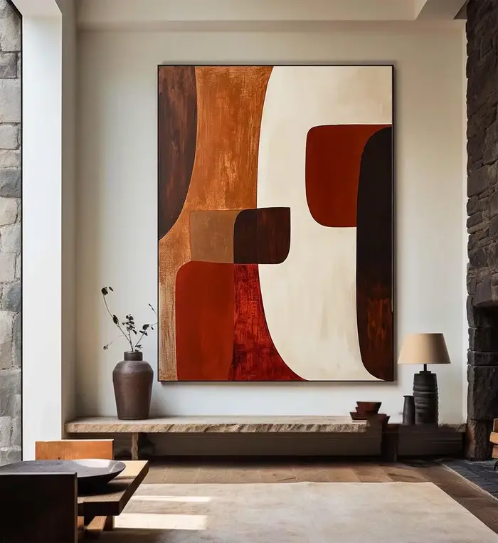 Grande peinture géométrique abstraite faite à la main, marron foncé, Art mural rouge, peinture sur t