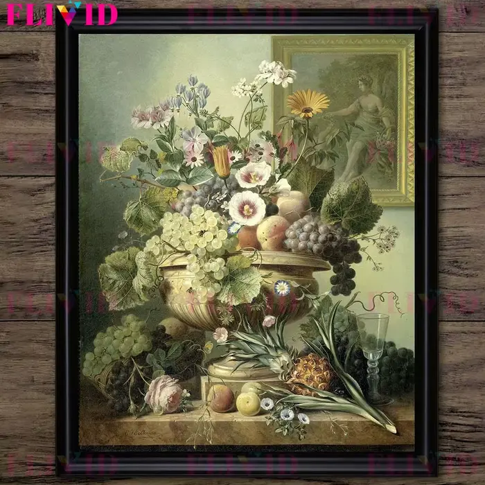 Affiche d'art de bouquet de fruits et de panier de fleurs d'époque victorienne
