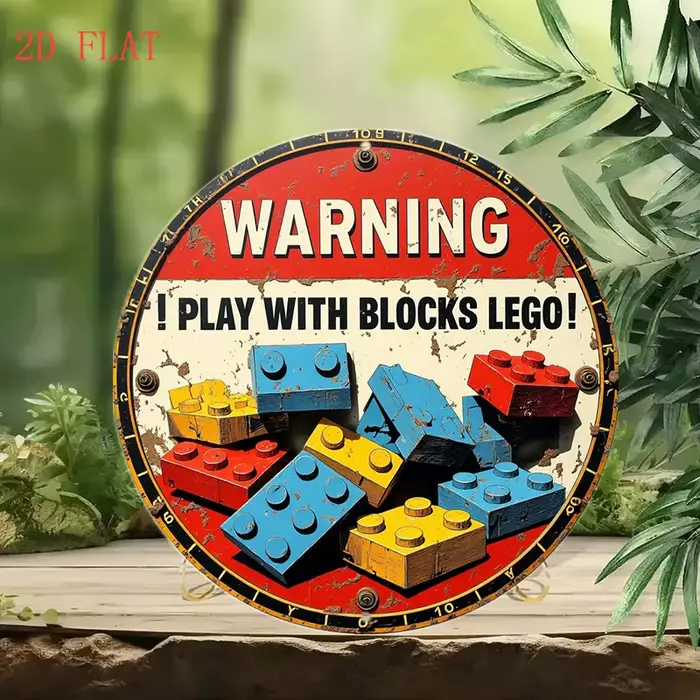 Panneau mural rond en aluminium 2D plat, 1 pièce, rétro sur le thème LEGO, 20,32 cm, "WARNING! PLAY 