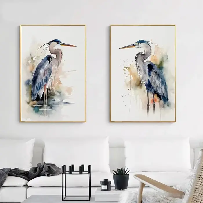 Toile d'art mural aquarelle oiseau, peinture Heron Robin Chickadee, affiche d'oiseau naturel pour salon, décoration de maison neutre, cadeau