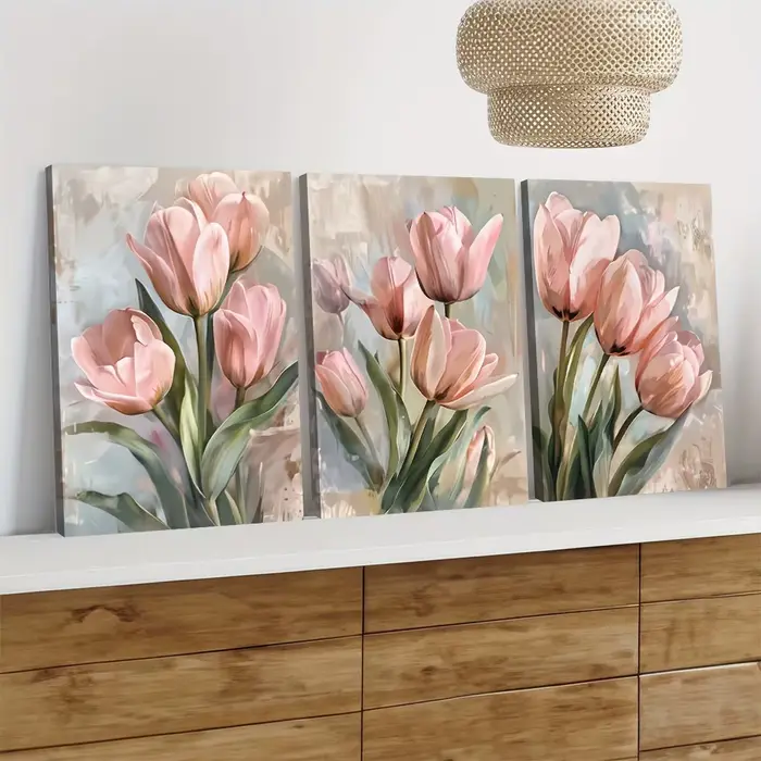 3 pièces de peintures décoratives sur toile de tulipe rose minimaliste moderne avec salon de style nordique