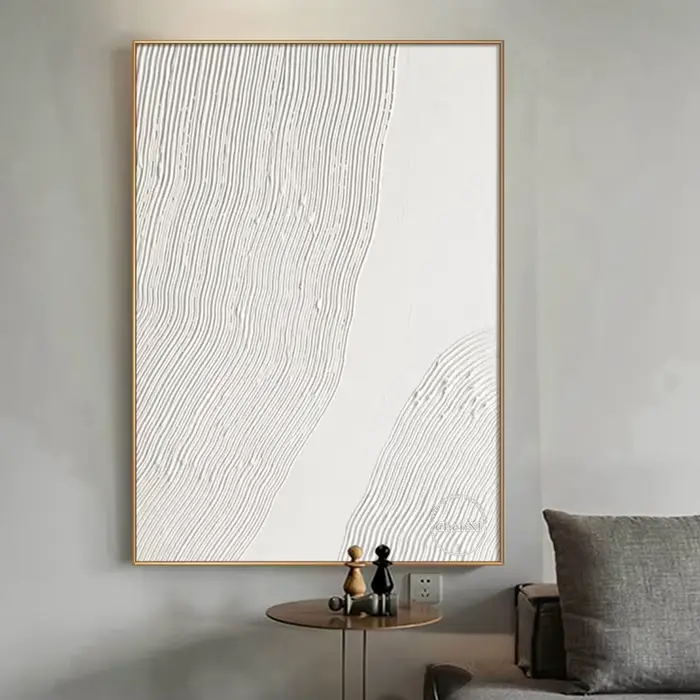 Décoration de la maison contemporaine peinte à la main, ligne blanche abstraite, coutumes sur toile, grande décoration de chambre, sans cadre, offre spéciale