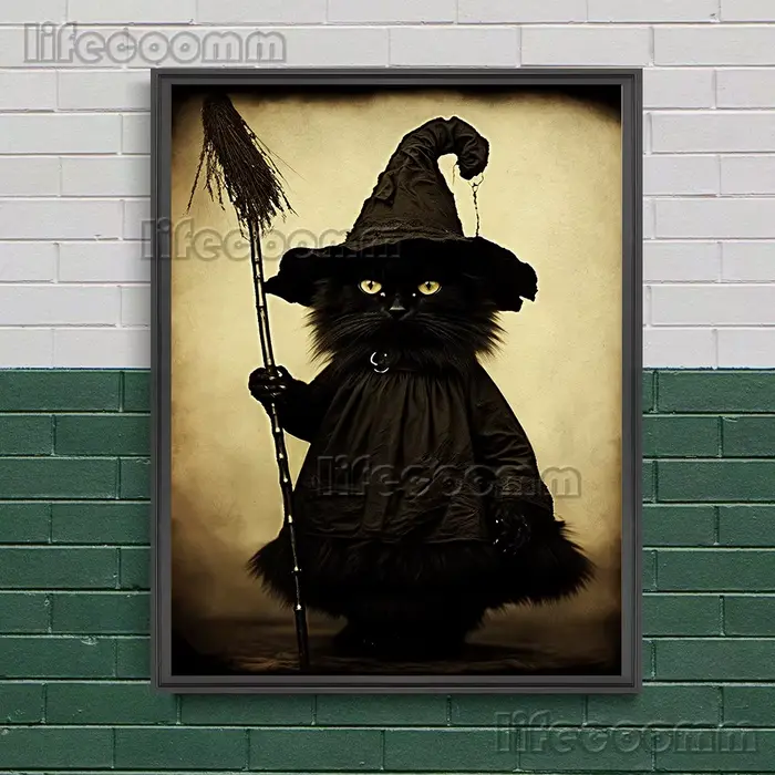 Peinture sur toile d'art mural antique de chat noir de sorcière