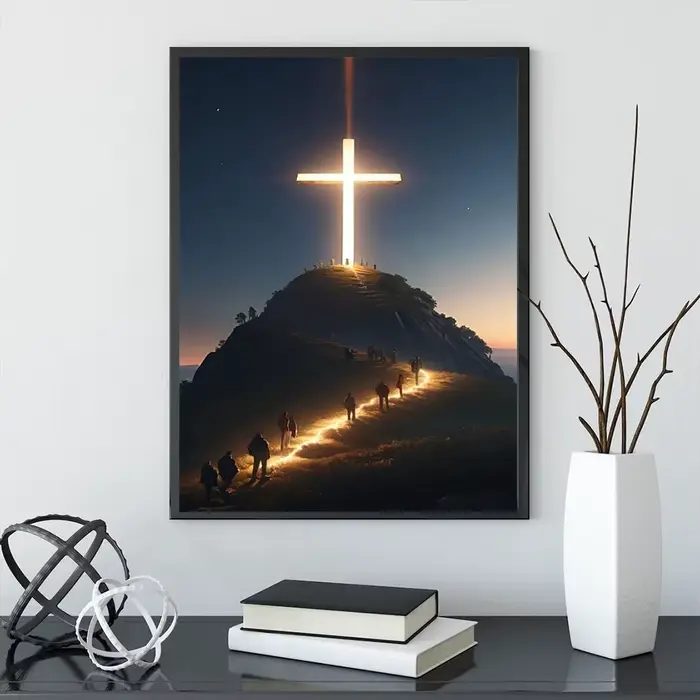 Peinture sur toile de croix chrétienne moderne sur le dessus de la montagne