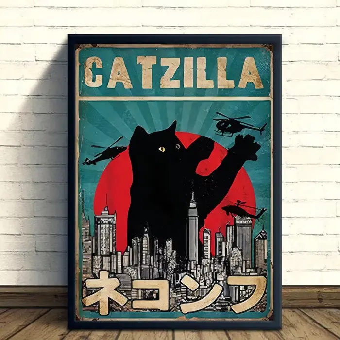 Affiche Catzilla, toile décorative murale Catzilla, toile illustrée Monstre Chat, affiche paysage ur
