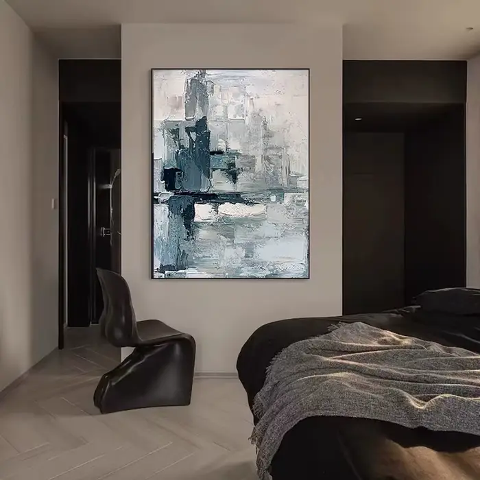 Grande optique peinte à la main Bergame peinture à l'huile bleu abstrait mur Art