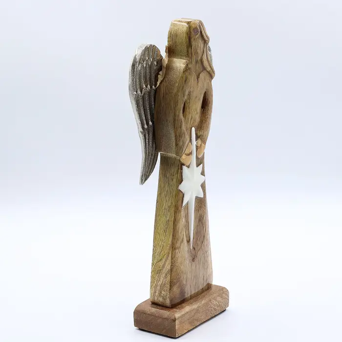 Large Mango Wood Peace Angel Metal Wings & Enamel Detail