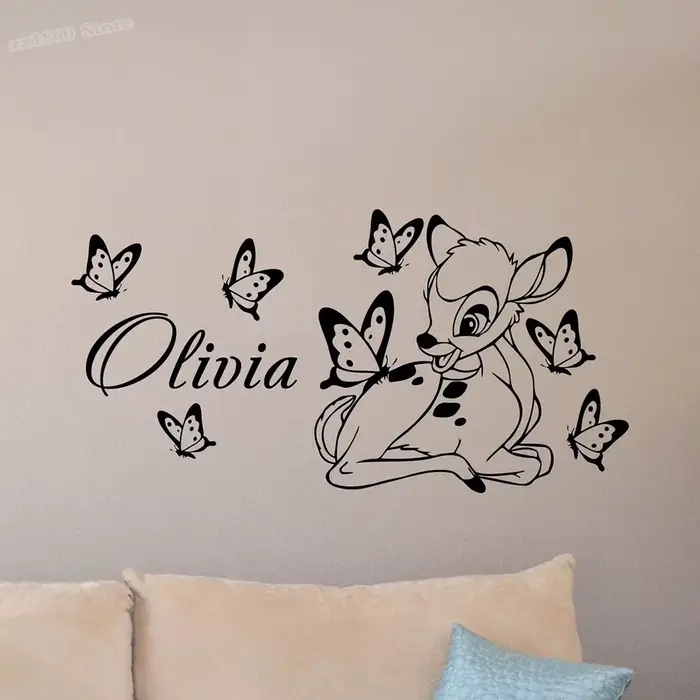 Bambi – autocollant mural personnalisé avec nom de bébé, papier peint décoratif en vinyle pour chamb