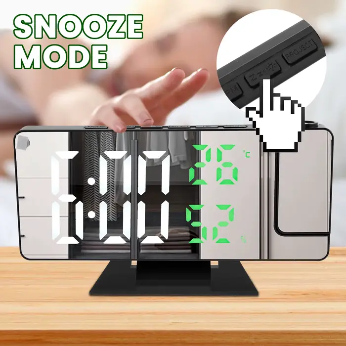 Réveil numérique LED, horloge de projection avec 180 ° Miroir de projecteur rotatif