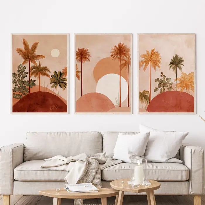 Ensemble d'art mural Boho en terre cuite avec palmiers, impressions sur toile abstraites de coucher de soleil tropical et désertique, décoration intérieure chaleureuse et terreuse, et cadeaux parfaits