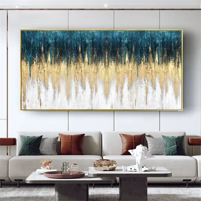 Peinture abstraite dorée et bleue peinte à la main sur toile, décoration murale moderne, tableau nor