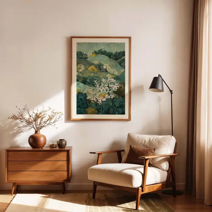 Art mural de paysage oriental serein - Impression peinturée luxurante d'une vallée fleurie alliant des tons de vert sarcelle profond avec des fleurs roses délicates
