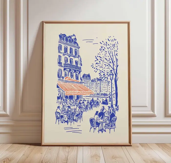 Affiche d'art linéaire Café de Paris, Décoration murale Bistro français, Dessin minimaliste de Paris, Illustration de café européen