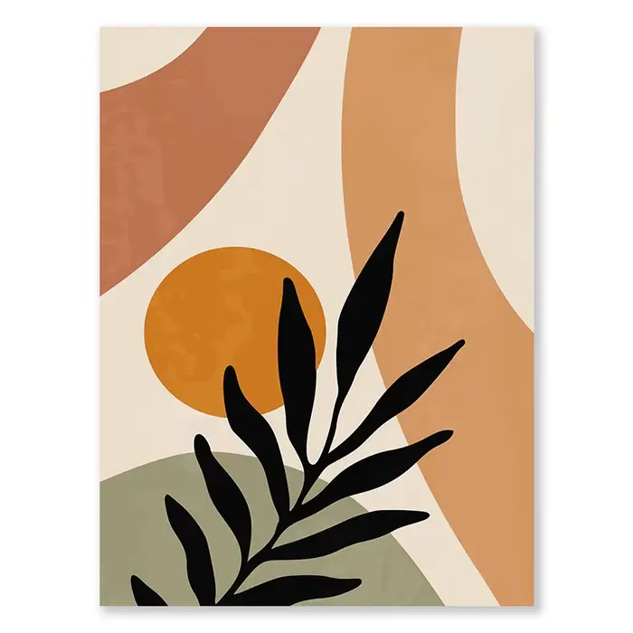Art mural abstrait bohème en terre cuite, beige, vert, peinture sur toile nordique moderne, feuilles