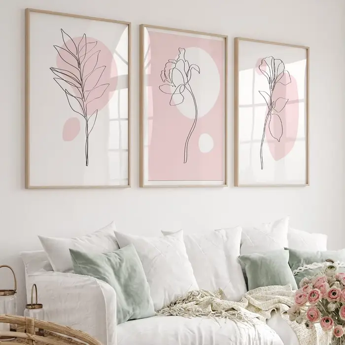 Lot de 3 tableaux muraux botaniques roses – Décoration murale botanique – Affiche d'art linéaire