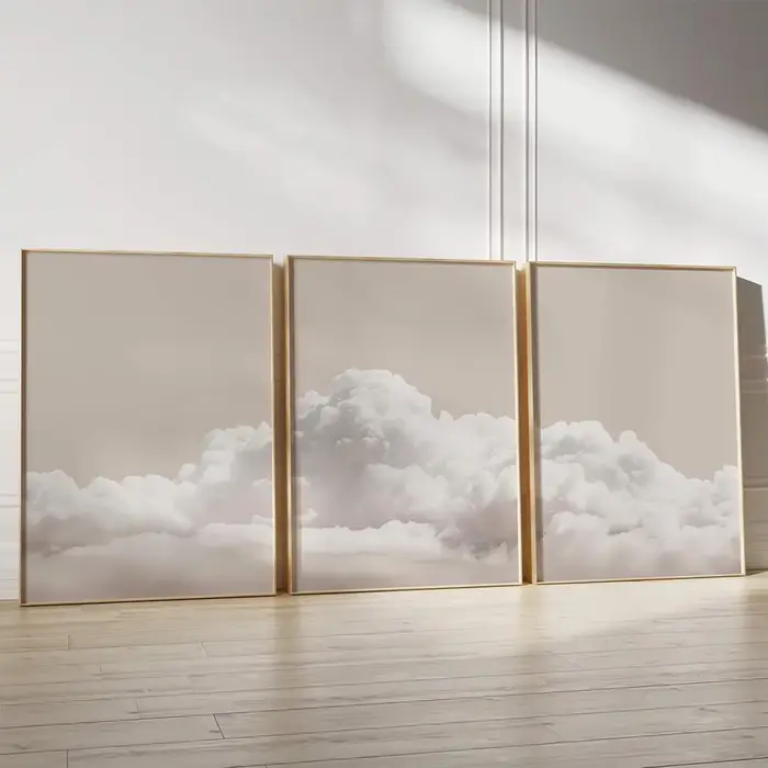 Ensemble de 3 tableaux muraux nuages beiges, affiches nuages blancs, impressions minimalistes ciel, décorations murales modernes pour la maison, peintures sur toile pour la décoration de chambre