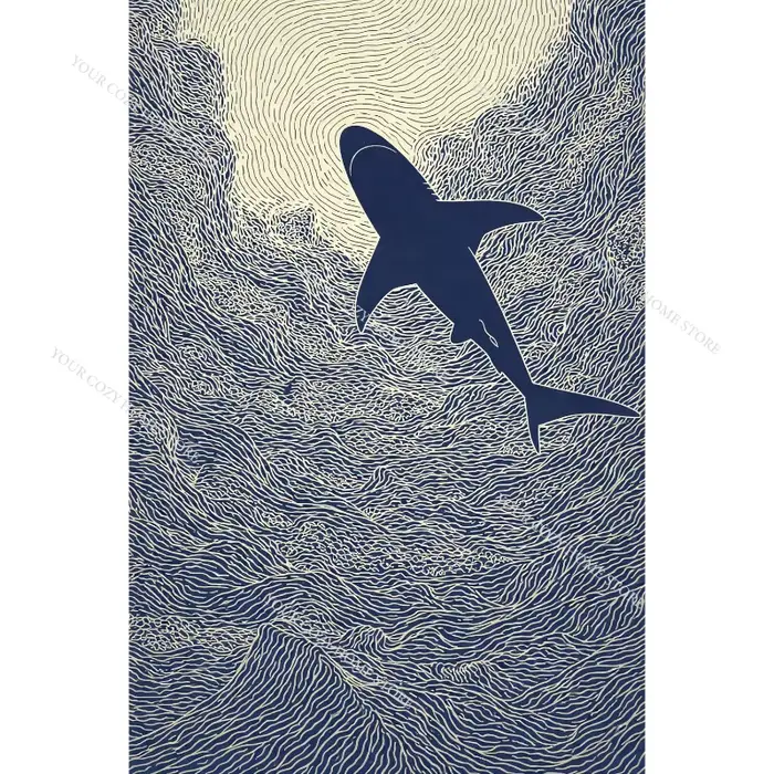 Affiche d'art minimaliste nautique avec poissons et vagues, peinture sur toile côtière bleue et blan