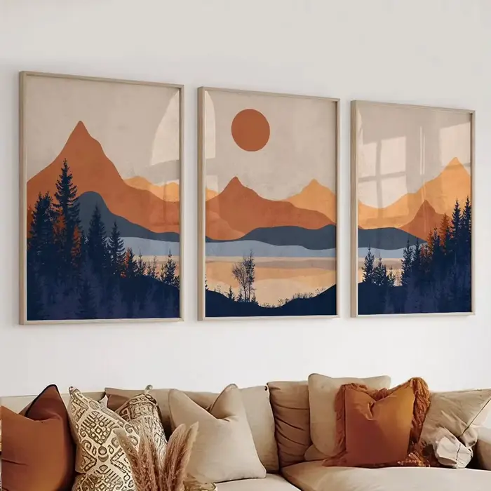 Lot de 3 affiches murales abstraites minimalistes bleues en terre cuite